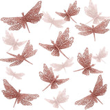 24 Pcs Glitter Dragonfly Decorations, Rose Gold 3D Dragonfly Wall Decor with Clips Stem for Spring Summer Garden Party Wedding, Glitter Dragonflies for Floral Arrangement DIY Craft