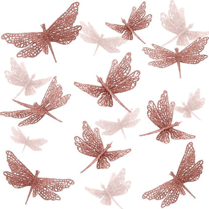 24 Pcs Glitter Dragonfly Decorations, Rose Gold 3D Dragonfly Wall Decor with Clips Stem for Spring Summer Garden Party Wedding, Glitter Dragonflies for Floral Arrangement DIY Craft