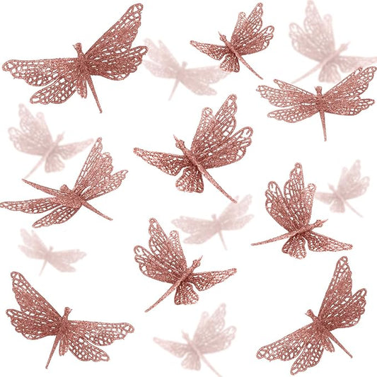 24 Pcs Glitter Dragonfly Decorations, Rose Gold 3D Dragonfly Wall Decor with Clips Stem for Spring Summer Garden Party Wedding, Glitter Dragonflies for Floral Arrangement DIY Craft