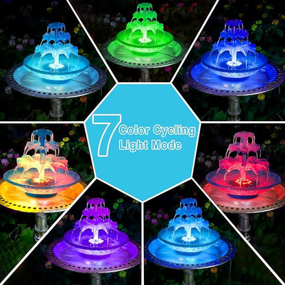3.5W Solar Fountain Pump for Bird Bath, 3-Tier Blue Solar Water Pump with 8 LED Lights, 32.8FT Power Cord and Adapter Included, Dual-Powered for 24/7 Use for Garden, Pond, Pool, Fish Tank and Lawn