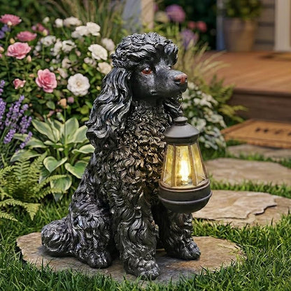 Black Poodle Garden Statue with Solar Lantern - 14.4" Large Dog Outdoor Decor with Double-Sided "Welcome/On Patrol" Sign, Waterproof Resin Puppy Figurine for Yard, Porch, Patio, Pet Memorial Gift