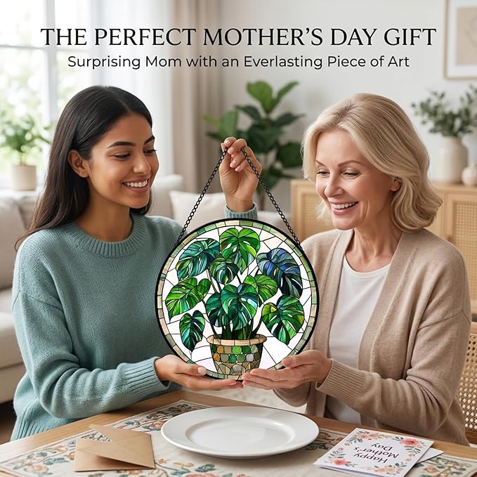 Birthday Gifts for Women - Green Monstera Plant Faux Stained Glass Window Hanging Sun Catcher for Door Garden Acrylic Decor Mother's Day Christmas for Mom Nana Grandma Sisters Wife 7.8"