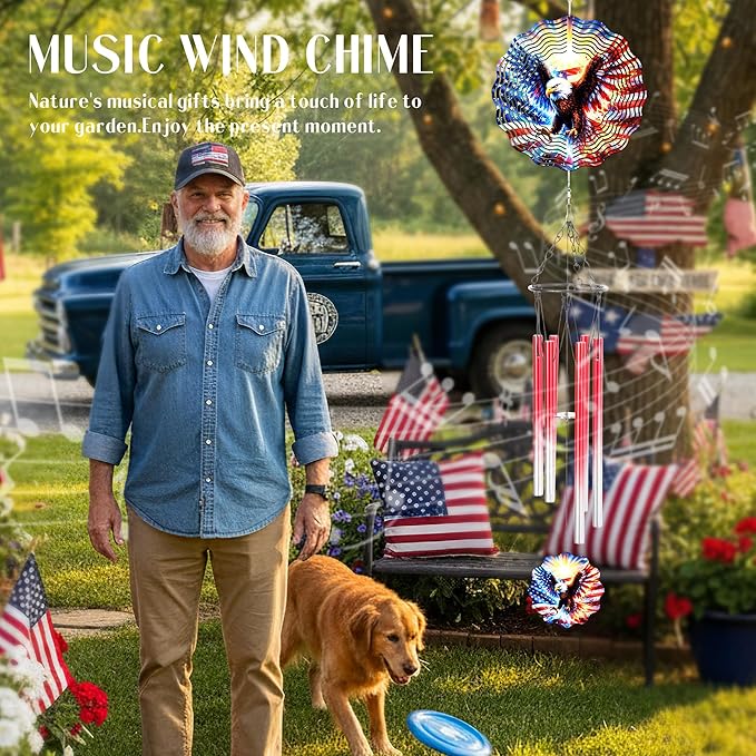American Eagle Wind Chimes - Metal Flag Windchime with 3D Wind Spinners Outdoor Art Hanging for Garden Yard Patio Lawn Balcony Indoor Home 250 Anniversary Patriotic Decor Gift for Friends