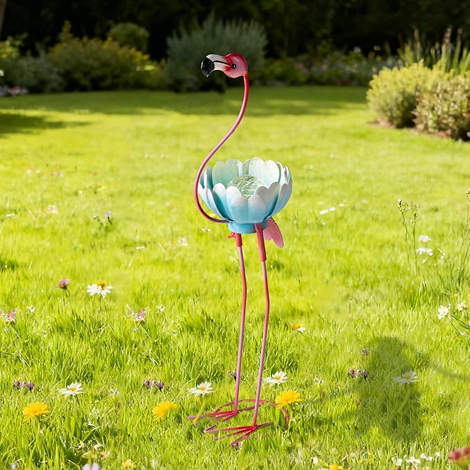 Glitzhome Solar Flamingo Garden Statue, 26.25 Inch Metal Outdoor Solar Light with Colorful Sculpture and Blue Bowl, Weather-Resistant Solar-Powered Decor for Yard, Patio, Lawn