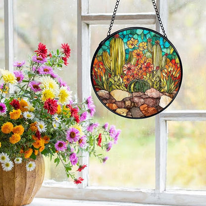 Western Cactus Suncatchers Stained Glass Window Hanging, Southwestern Cactus Landscape Sun Catchers Indoor Window Glass Round Wall Decor, Western Wall Hanging Decorations, 7.9x7.9in