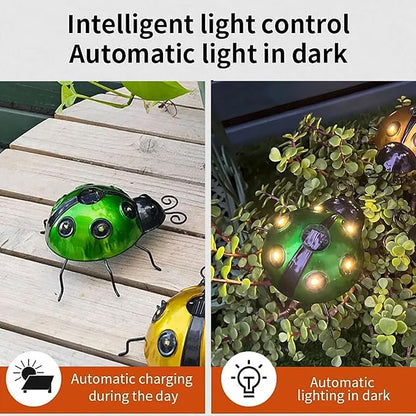 keeda Solar Ladybugs Garden Decor, Waterproof 5.5 Inch Metal Lady Bugs Cute Wall Art LED Garden Light Outside Decor for Porch Lawn Patio Balcony Pathway (Green)
