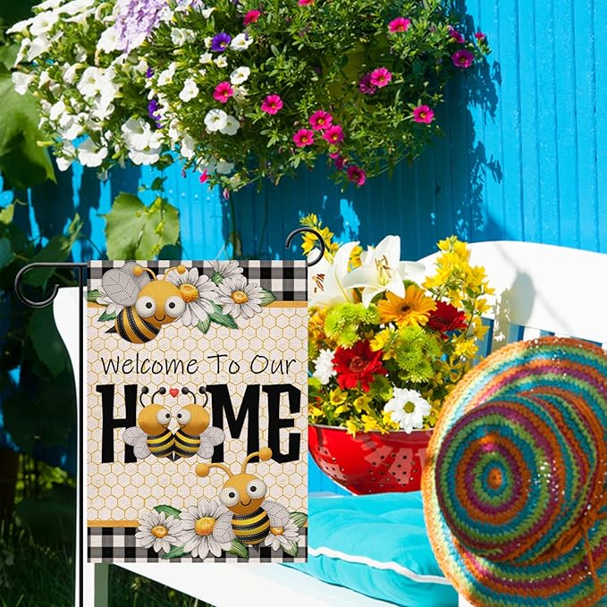 Furiaz Welcome to Our Home Bumble Bee Spring Summer Decorative Garden Flag, Daisy Yard Buffalo Plaid Check Home Outside Decorations, Flower Farmhouse Burlap Outdoor Small Decor Double Sided 12×18