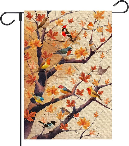 Fall Birds Garden Flag 12x18 Inch Double Sided Autumn Maple Tree Leaves for Welcome Seasonal Holiday Outside Yard Flag Outdoor Decoration