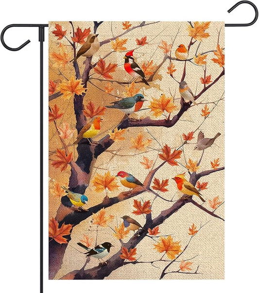 Fall Birds Garden Flag 12x18 Inch Double Sided Autumn Maple Tree Leaves for Welcome Seasonal Holiday Outside Yard Flag Outdoor Decoration