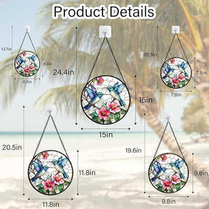 Stained Glass Window Hanging - Blue White Hummingbirds Pink Flowers Suncatcher for Door Terrace Garden Home Decor Bird Sun Catcher Birthday Gifts for Lovers Women Men Dad Mom Nana 6.3 in