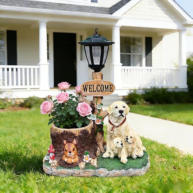 20" Solar Labrador Garden Statue with Welcome Sign & Planter - Large Dog Sculpture with LED Street Lantern - Weatherproof Resin Decorative Flower Pot for Porch, Yard & Patio - Pet Lover Gift