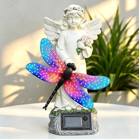 Starryfill Solar Angel Garden Statue with Color Changing Dragonfly Lights - 12 Inch Hand-Painted Resin Figurine, Auto Dusk-to-Dawn Waterproof Outdoor Decor for Patio, Yard, Lawn, Memorial Mother Gift