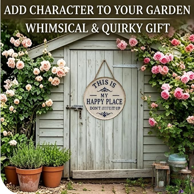 Happy Place – Vintage Statement Metal Sign Round Rustic Wall Decor Funny Garden Sign “This Is My Happy Place Please Respect The Vibe” Metal Hanging Plaque for Front Door Home Office Kitchen (1PCS, 8 * 8in)