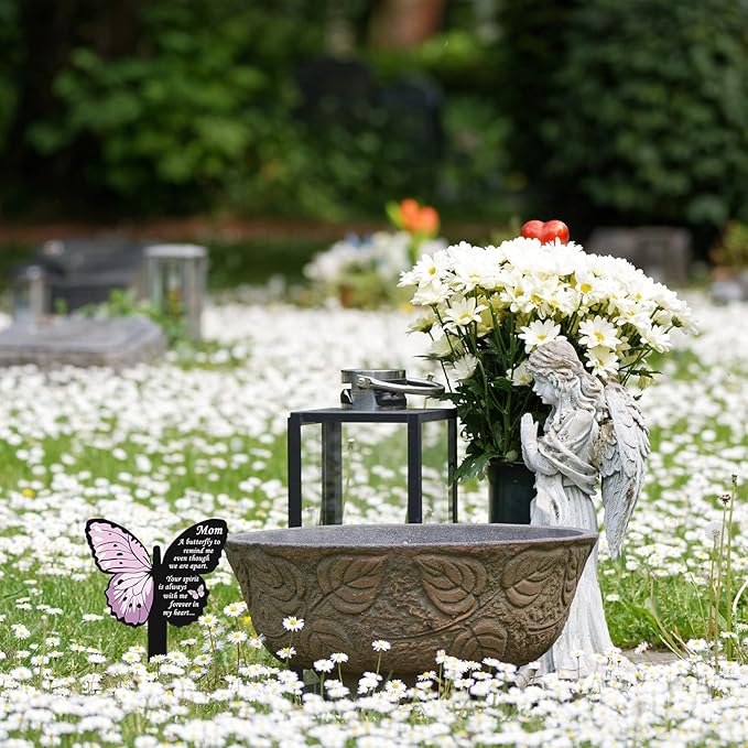 Geosar Mom Memorial Stakes Cemetery Grave Plaque Stake Markers Memorial Butterfly Plaques for Outdoors Sympathy Garden Stake Acrylic Waterproof Garden Grave Decoration(Cute Style)
