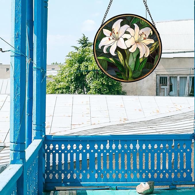 Stained Glass Window Hanging, White Lily Suncatcher for Door Garden Patio Birth Flower Green Plant Sun Catchers Decor Christmas Mother's Day Birthday Gifts for Women Mom Nana Friend 7.8 in