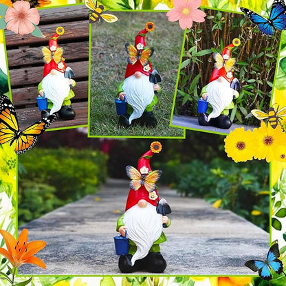 Spring Gnomes Garden Statues Decor, Solar Waterproof Large Gnome with LED Lights Funny Garden Sculptures Outdoor Patio Yard Decorations Lawn Ornaments Gifts for Women Mom