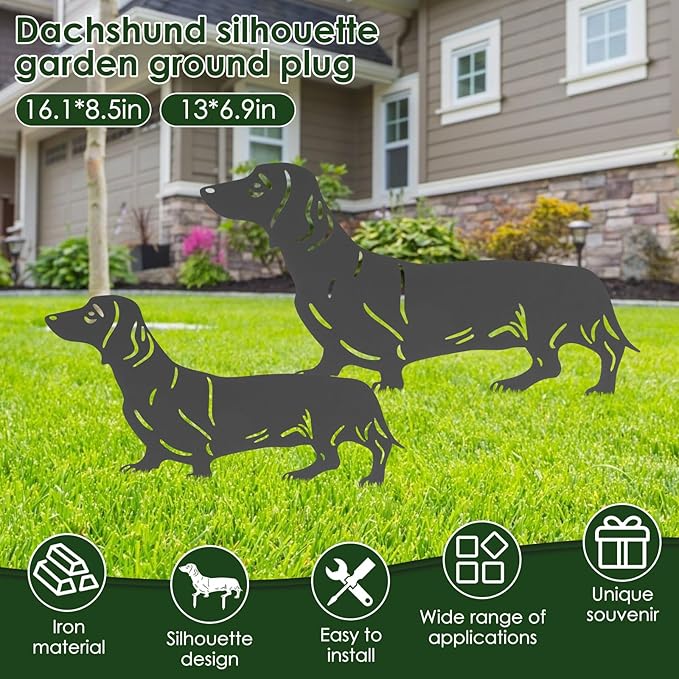 2PCS Dog Garden Statues, Iron Dachshund Garden Stakes, Rustproof Dog Statues Outdoor, Decorative Dogs Garden Stakes, Wrought Iron Modern Animal Abstract Dogs for Outdoor Lawn Ornaments Yard Sign