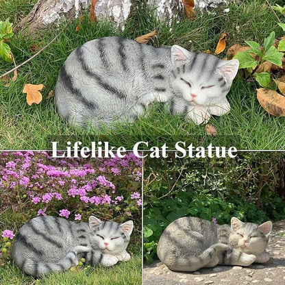 Cat Figurines - Outdoor Statue Garden Decor, Grey Sleeping Cat Statue, 11.5" Larger, Perfect for Patio, Lawn or Indoor Use, Great Gift for Mom