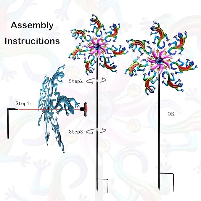 VIOYUNS Blue Lizard Wind Spinners Outdoor Decoration, Metal Lizards/Roosters Wind Sculptures & Spinners Yard Art Decor, Windmills Garden Stake Lawn Patio Decor Gifts for Momen Mother (58Inch)