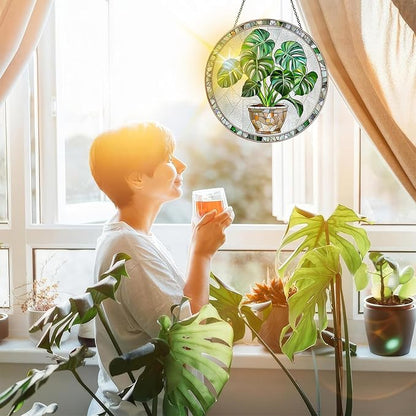 Bimkole Plant Stained Glass Suncatcher Window Hanging - Pothos Indoor Window or Doorway Decoration - Handmade Sun Catcher Decor for Garden Home Christmas & Birthday Gifts 7.87x7.87 inch