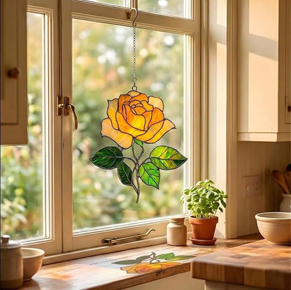 Yellow Rose Flower Handmade Resin Suncatchers, Artisan Sun Catcher, Stained Glass Effect, Flower Suncatchers for Window Hanging, Garden Decor, Gift for Mother's Day Mom Women Grandma Wife