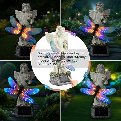 Starryfill Solar Angel Garden Statue with Color Changing Dragonfly Lights - 12 Inch Hand-Painted Resin Figurine, Auto Dusk-to-Dawn Waterproof Outdoor Decor for Patio, Yard, Lawn, Memorial Mother Gift