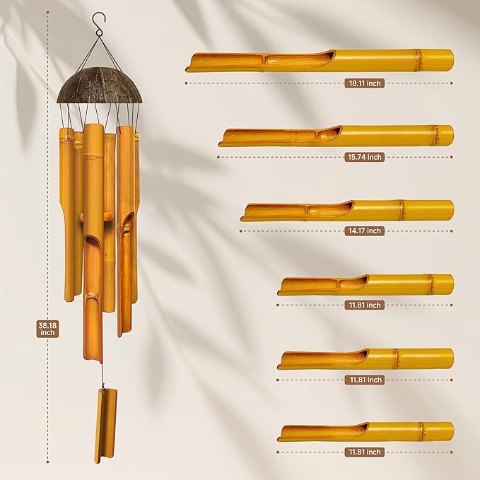 Bamboo Wind Chimes 38" 6 Pipes, Handcrafted Wooden Wind Chime Bring a Unique and Soothing Melody, Wind Chimes for Outdoor and Indoor Decor, for Sympathy, Memorial