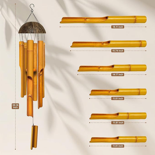 Bamboo Wind Chimes 38" 6 Pipes, Handcrafted Wooden Wind Chime Bring a Unique and Soothing Melody, Wind Chimes for Outdoor and Indoor Decor, for Sympathy, Memorial