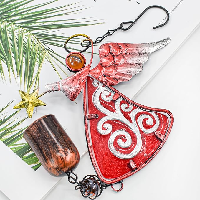 MrMrKura Metal Angel Wind Chime Hanging Decoration Ornament Bells Decorative Hanging Bells, Gifts for Home Garden Decor Crafts (Red)
