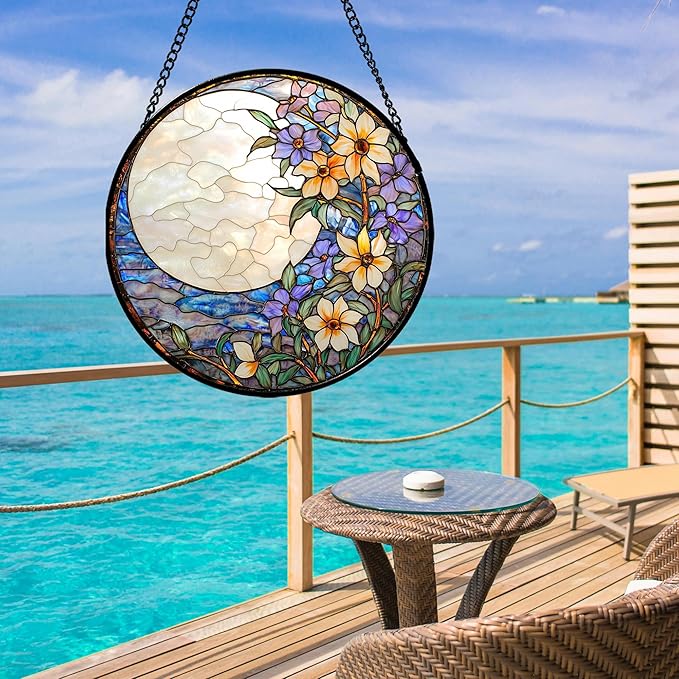 Stained Glass Window Hanging - White Purple Moon Flowers Suncatcher for Door Terrace Garden Home Decor Landscape Sun Catcher Birthday Gifts for Lovers Women Men Dad Mom Nana 7.8 in