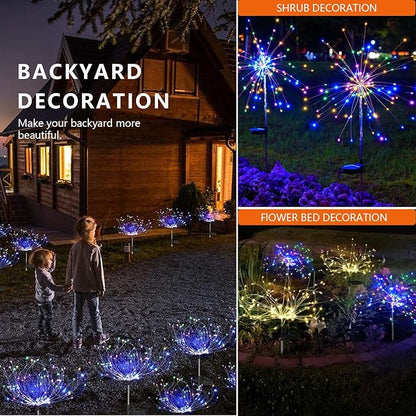 4 Pack Solar Firework Lights Outdoor, Adjustable 32" to 51" Extra Tall, Verified 200 LED Multicolor Stainless Steel 3-Section Pole, 8 Modes Waterproof Starburst Garden Lights for Yard Pathway