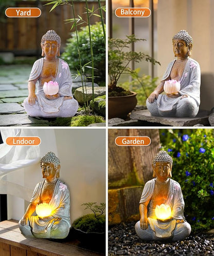 Nacome Solar Buddha Garden Statue Decor: Resin Zen Decor Waterproof Sitting Figurine with Lotus Flower Light Design for Outside Patio Lawn Yard Balcony - 8.3 inches(White)