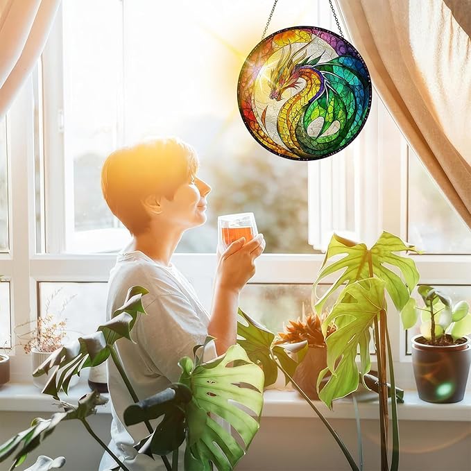 Bimkole Dragon Stained Glass Suncatcher Window Hanging - Animals Indoor Window or Doorway Decoration - Handmade Sun Catcher Decor for Garden Home Christmas & Birthday Gifts 7.87x7.87 Inch