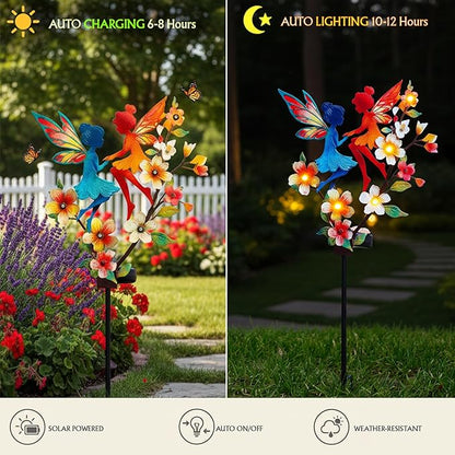 Solar Fairy Garden Stakes - Metal Whimsical Yard Art Decor, Warm LED Lights Waterproof Outdoor Decorative Stakes for Path Patio, Perfect Fairy Gift for Women/Mom(Twin Fairies)