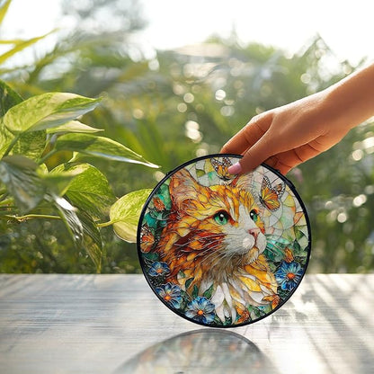 Cat Flower Suncatcher Stained Glass Window Hanging, Butterfly Floral Orange Cat Sun Catchers Indoor Window Glass Wall Art Decor, Kitten Floral Wall Hanging Decor, 7.9x7.9 Inch 035-MH-BLGH