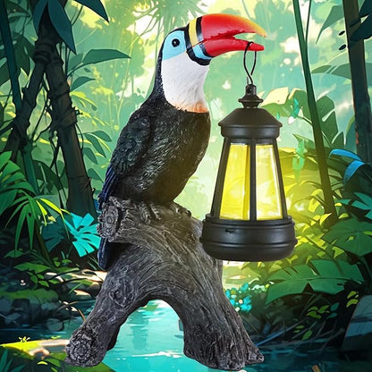 Spring Toucan Garden Statues Decor, Solar Waterproof 9.5" Colorful Tropical Bird Sculpture with LED Lights Funny Garden Outdoor Exotic Bird Sculpture Decoration for Lawn Porch Yard Patio Tiki Bar