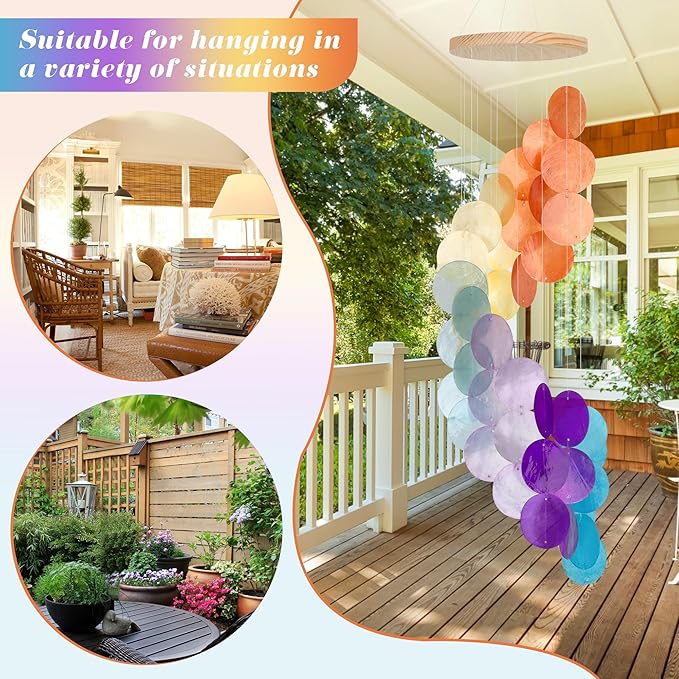 Colorful Gradient Spiral Shape Capiz Shells Windchime,Shell Wind Chimes for Outside,Coastal Wind Chimes for Indoor/Outdoors,Seashell Wind Chimes,Best Hanging Decor for Balconies,Garden,Yard