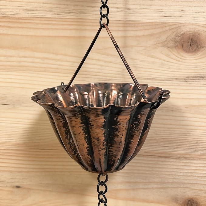 Decorative Rain Chain with Grooved Cups and Bird-Shaped Pendants, Brass-Finish, Outdoor Downspout Alternative (Brass)