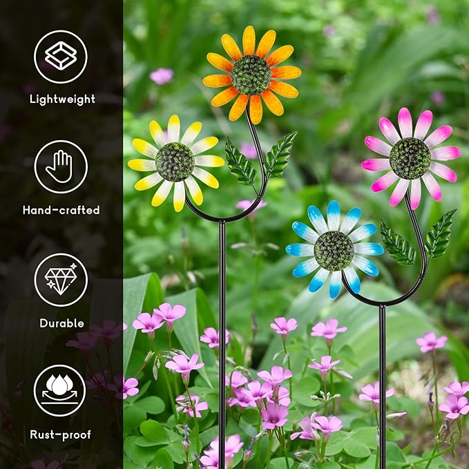 2 Pack Flower Wind Spinners Outdoor, Metal Wind Sculptures & Spinners with Stake, Colorful Windmill for Yard Patio Lawn Garden Decor, 31 x 10 Inches