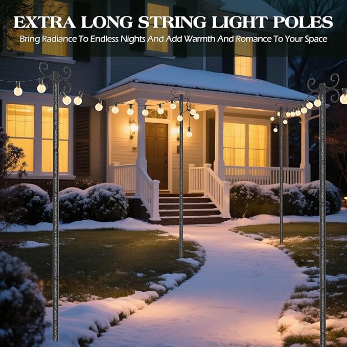 4 Pack String Light Poles, Metal Lights Hanging Pole with 4 Hooks and Rustproof, for Yard Patio Decor, Camping, Sun Shades Outdoor, Outside Decor