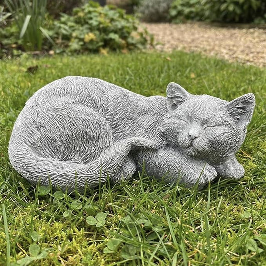 Elenon Cat Garden Statue Decorative for Yard, Stone Sleeping Cat Figurines Home Lawn Decor, Patio Kitten Tuxedo Statues Pets Memorial Ornament for Cat Lovers