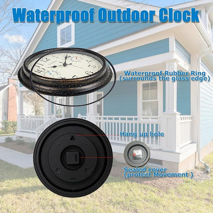 Crosstime 16 Inch Outdoor Clock Waterproof with Thermometer and Hygrometer Combo, Retro Indoor Outdoor Wall Clocks for Patio, Pool, Garden, Backyard Decor- Bronze