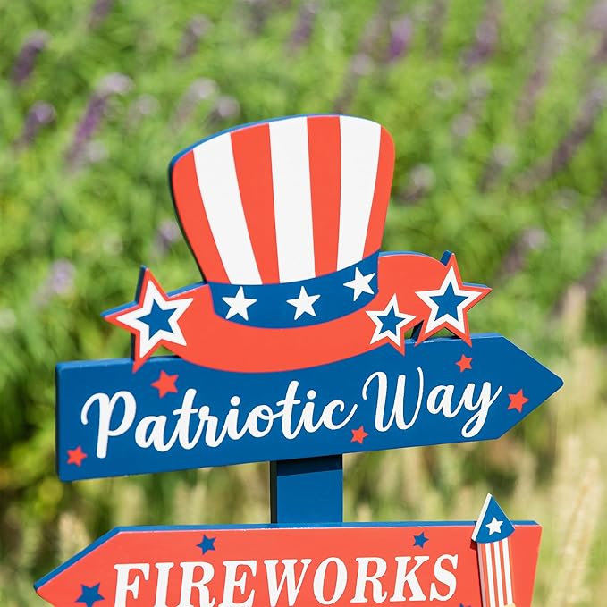 Glitzhome 36" H Patriotic Yard Stake,American Wooden Top Hat Word Sign Yard Stake 4th July Garden Yard Welcome Signs Independence Day Indoor Outdoor Decorations