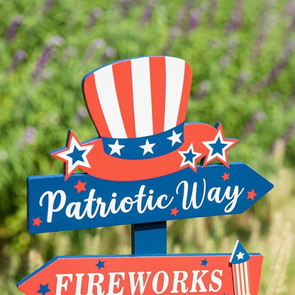 Glitzhome 36" H Patriotic Yard Stake,American Wooden Top Hat Word Sign Yard Stake 4th July Garden Yard Welcome Signs Independence Day Indoor Outdoor Decorations