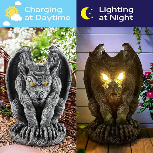 Large Winged Gargoyle Statue with Solar Lights Outdoor Decor, Sitting Gargoyle Monster Dragon Garden Guardian Gothic Creep Scary Sculpture, Patio Yard Lawn Decorations, Valentine's Day Gift