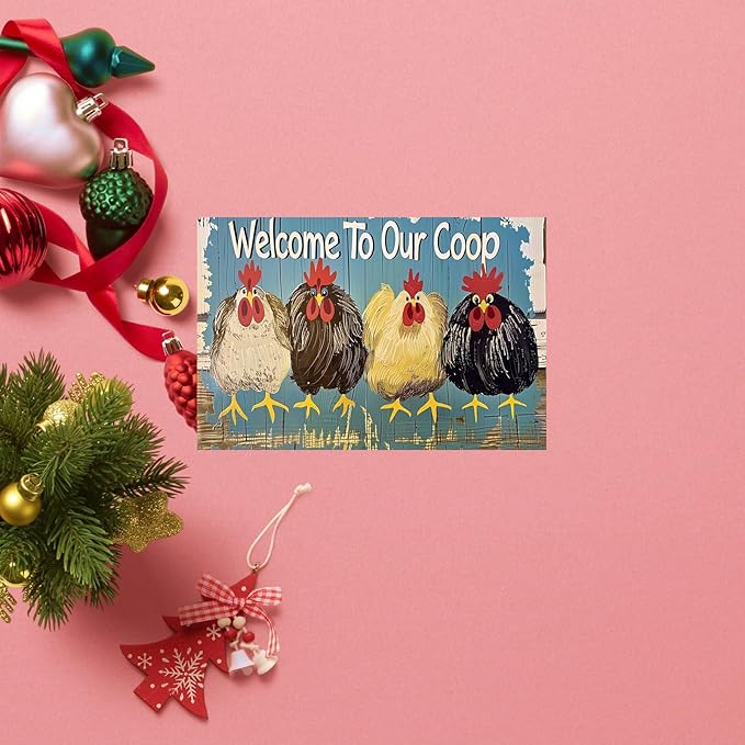 Chicken-Sign Metal-Sign Wall-Art Décor-Yard, Welcome to Our Coop, Farm Plaque Garden Sign Outdoor Coop Décor for Home Fence 8 X 12 Inches