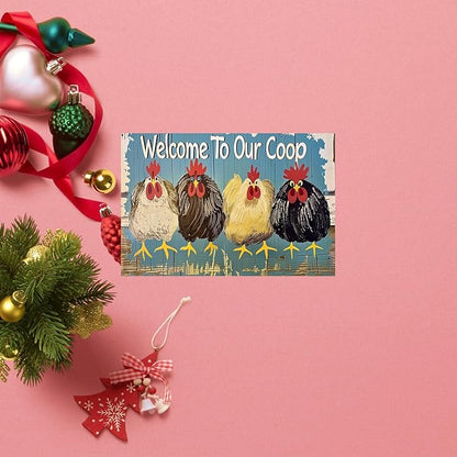 Chicken-Sign Metal-Sign Wall-Art Décor-Yard, Welcome to Our Coop, Farm Plaque Garden Sign Outdoor Coop Décor for Home Fence 8 X 12 Inches
