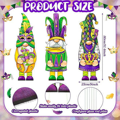 Umigy 3 Pcs Mardi Gras Yard Decor Carnival Day Gnome Outdoor Sign with Stakes Gold Green Purple Gnome Lawn Sign Sweet Yard Decor for Home Pathway Walkway