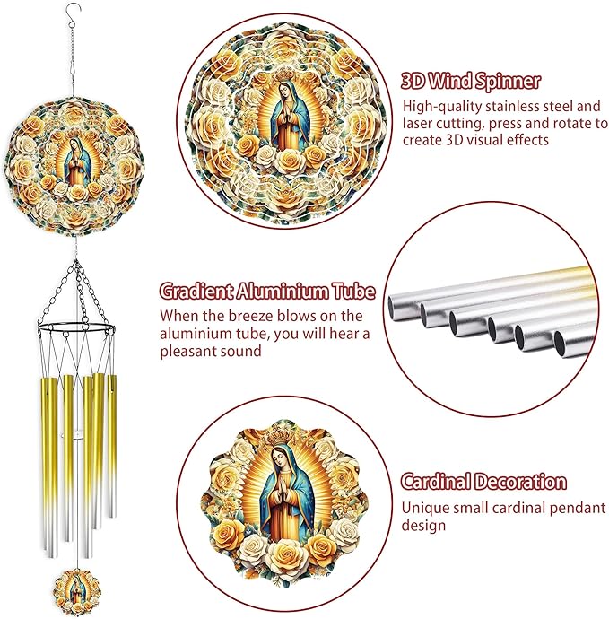 Wind Chimes with Virgin Mary Wind Spinner, Religious Decor Gift, Hanging Metal Wind Catcher with 2" Guadalupe Center Pendant, 6" 3D Stainless Steel Kinetic Art for Garden Yard