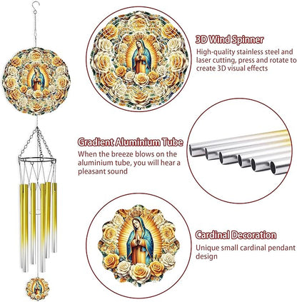 Wind Chimes with Virgin Mary Wind Spinner, Religious Decor Gift, Hanging Metal Wind Catcher with 2" Guadalupe Center Pendant, 6" 3D Stainless Steel Kinetic Art for Garden Yard